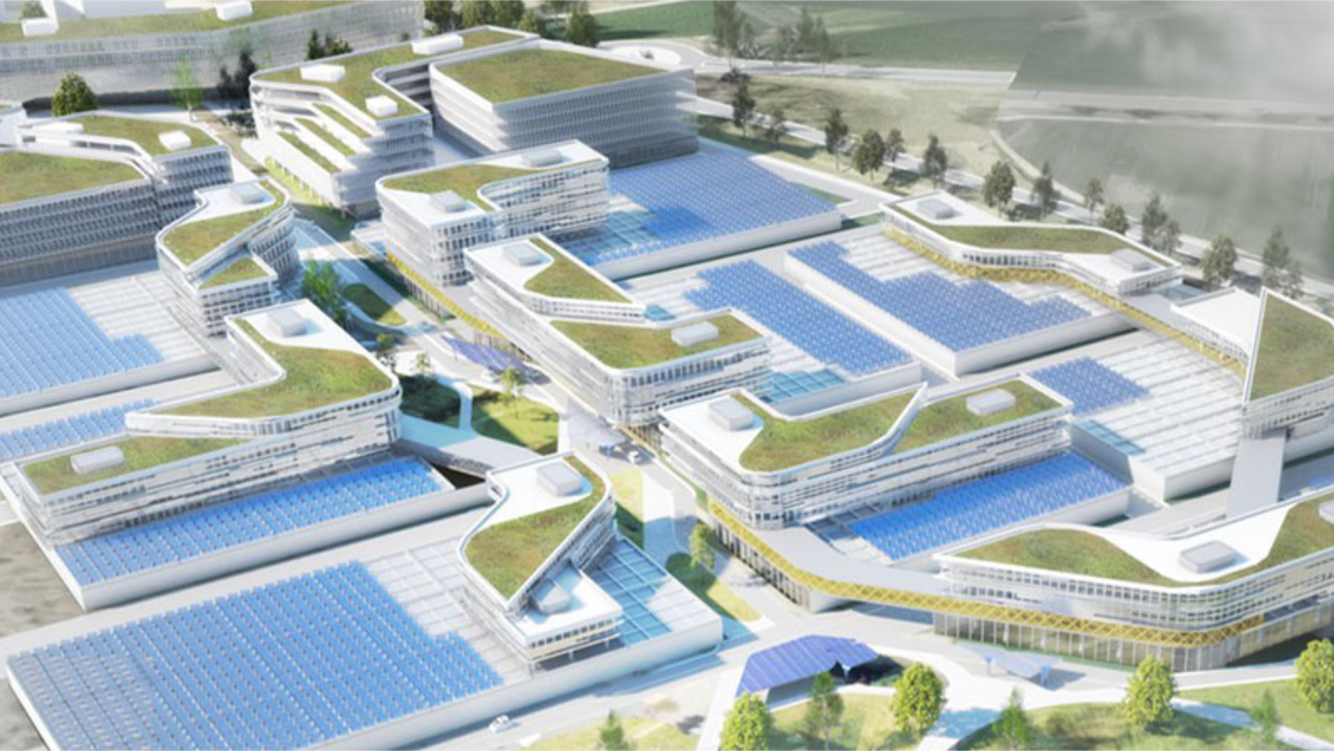 Building complex with PV systems and greenery