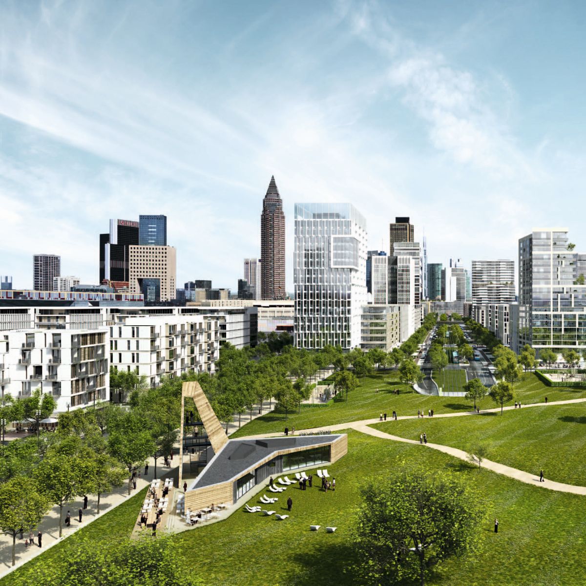 Modern cityscape with high-rise buildings and spacious green areas