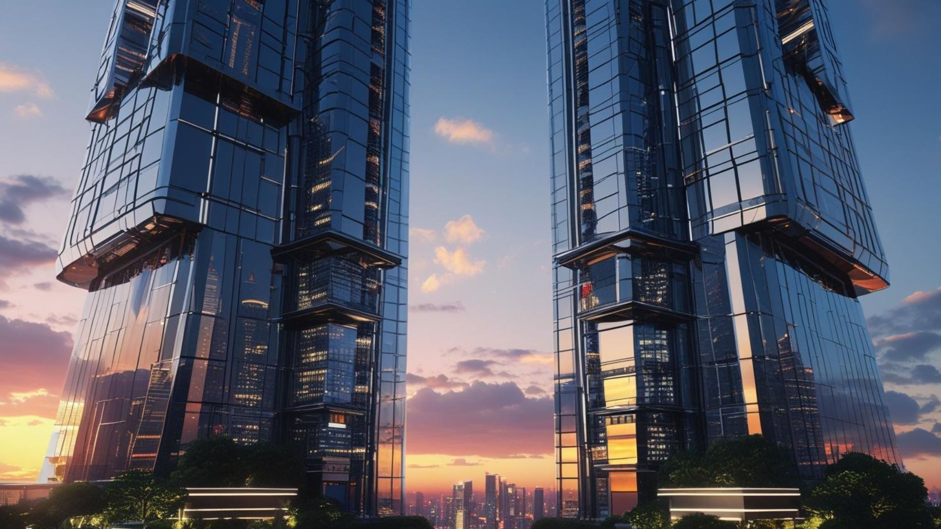 Two identical skyscrapers at sunset
