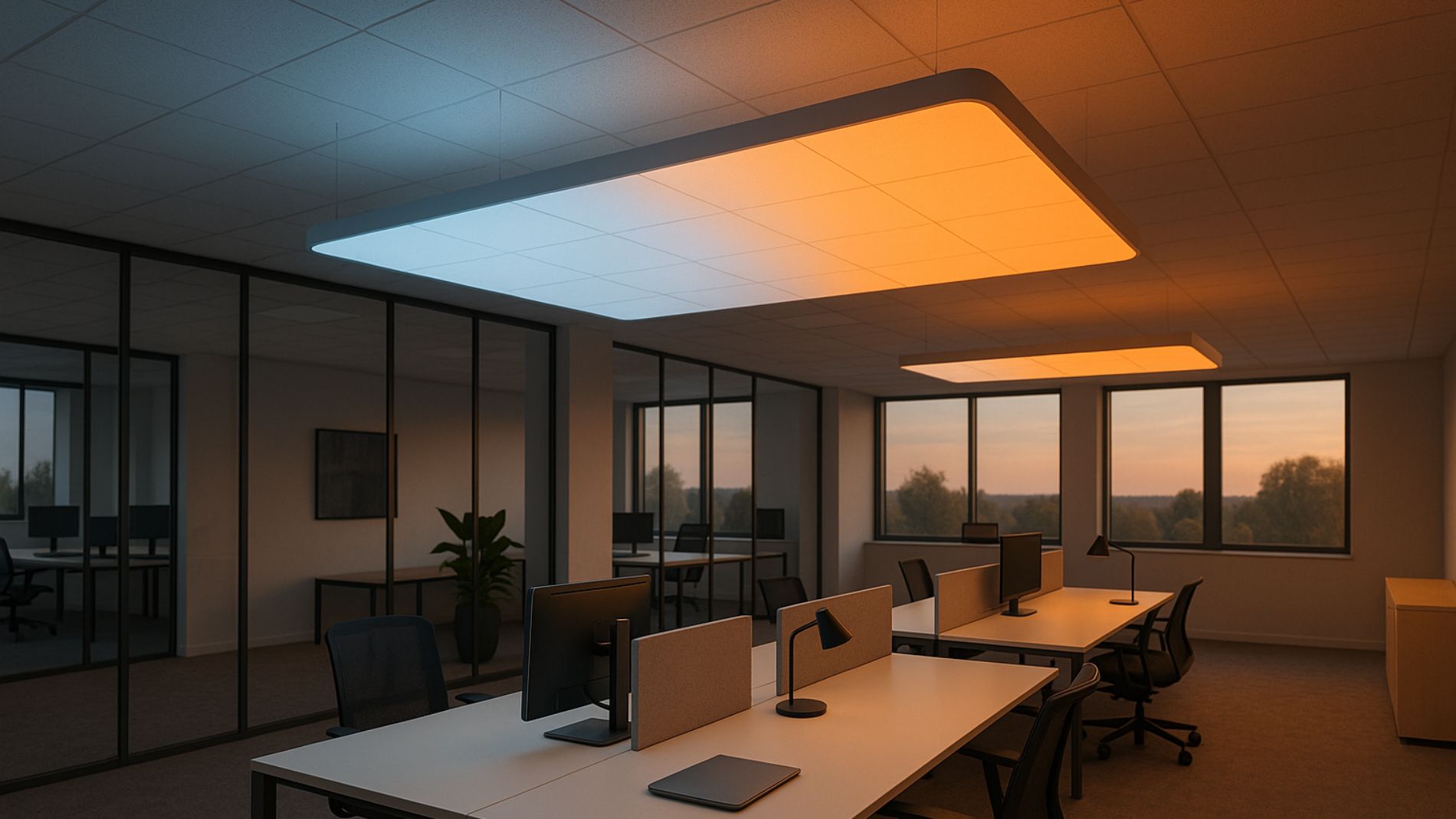 Office with large ceiling lighting