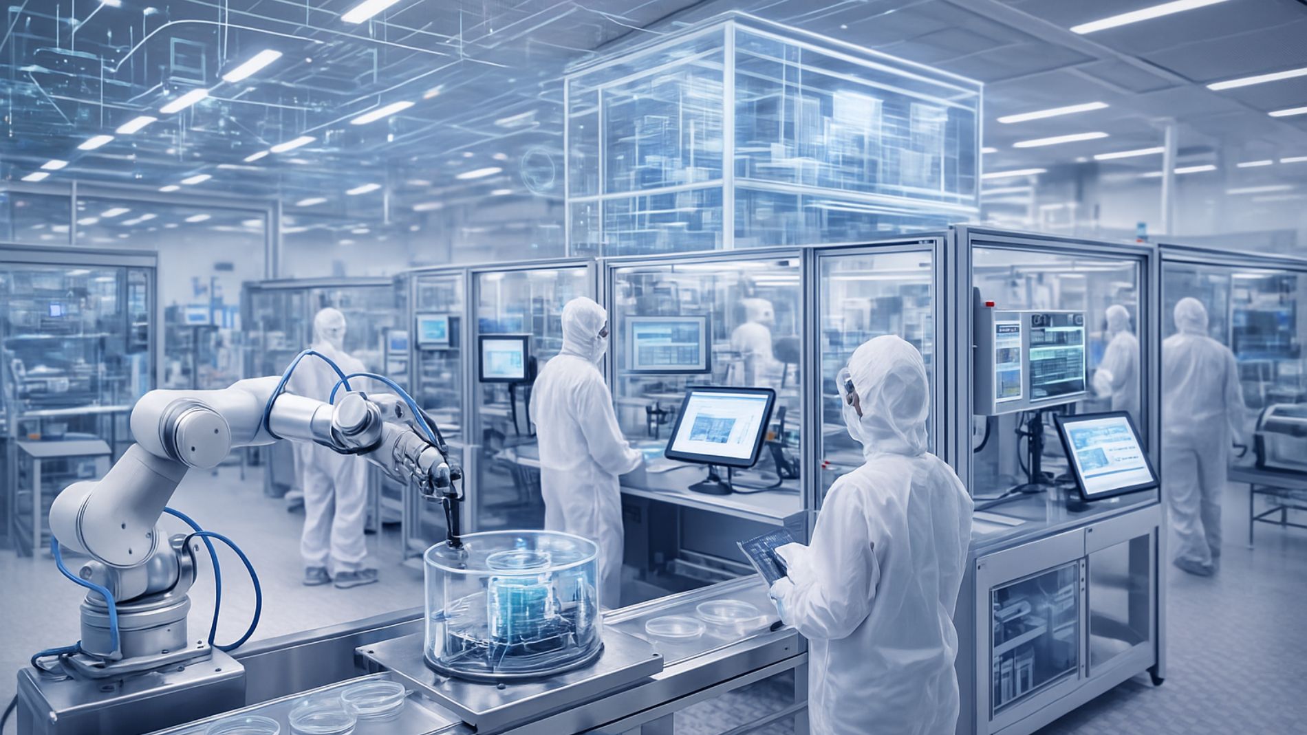 State-of-the-art cleanroom with laboratory staff in protective suits