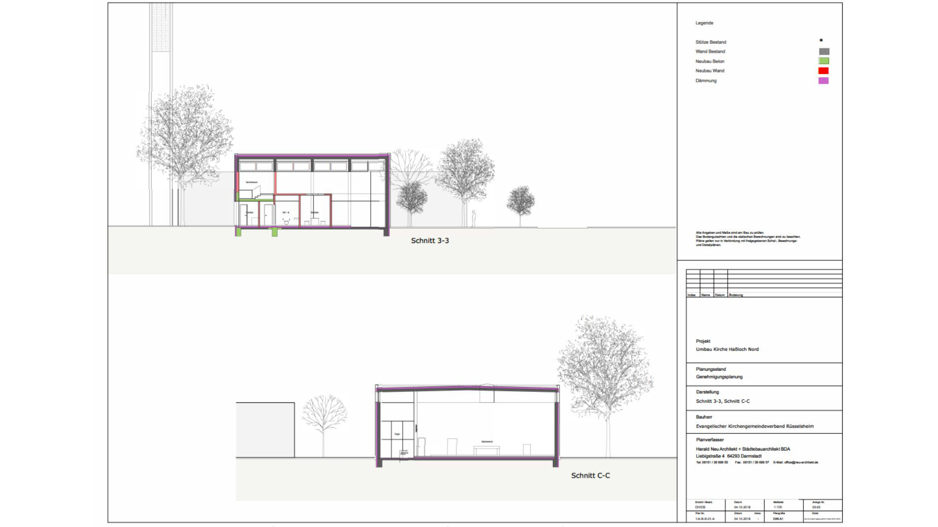 Architekturschnitt der Kirche Haßloch Nord mit markierten Bauteilen für Beton, Neubau und Dämmung im Zuge der Sanierung