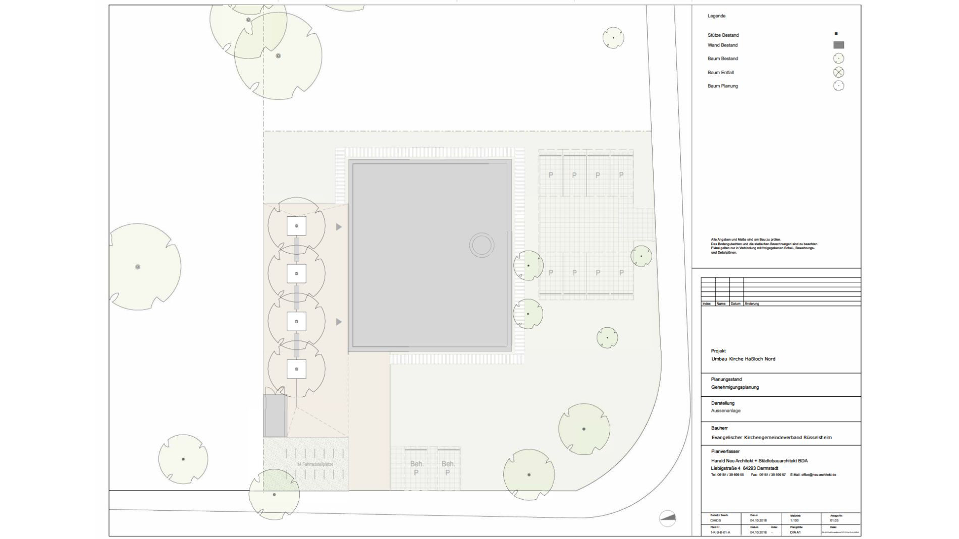 Lageplan der Kirche Haßloch Nord mit Außenanlagen, Stellplätzen und Grünflächen im Rahmen des architektonischen Umbaus durch Harald Neu Architekt