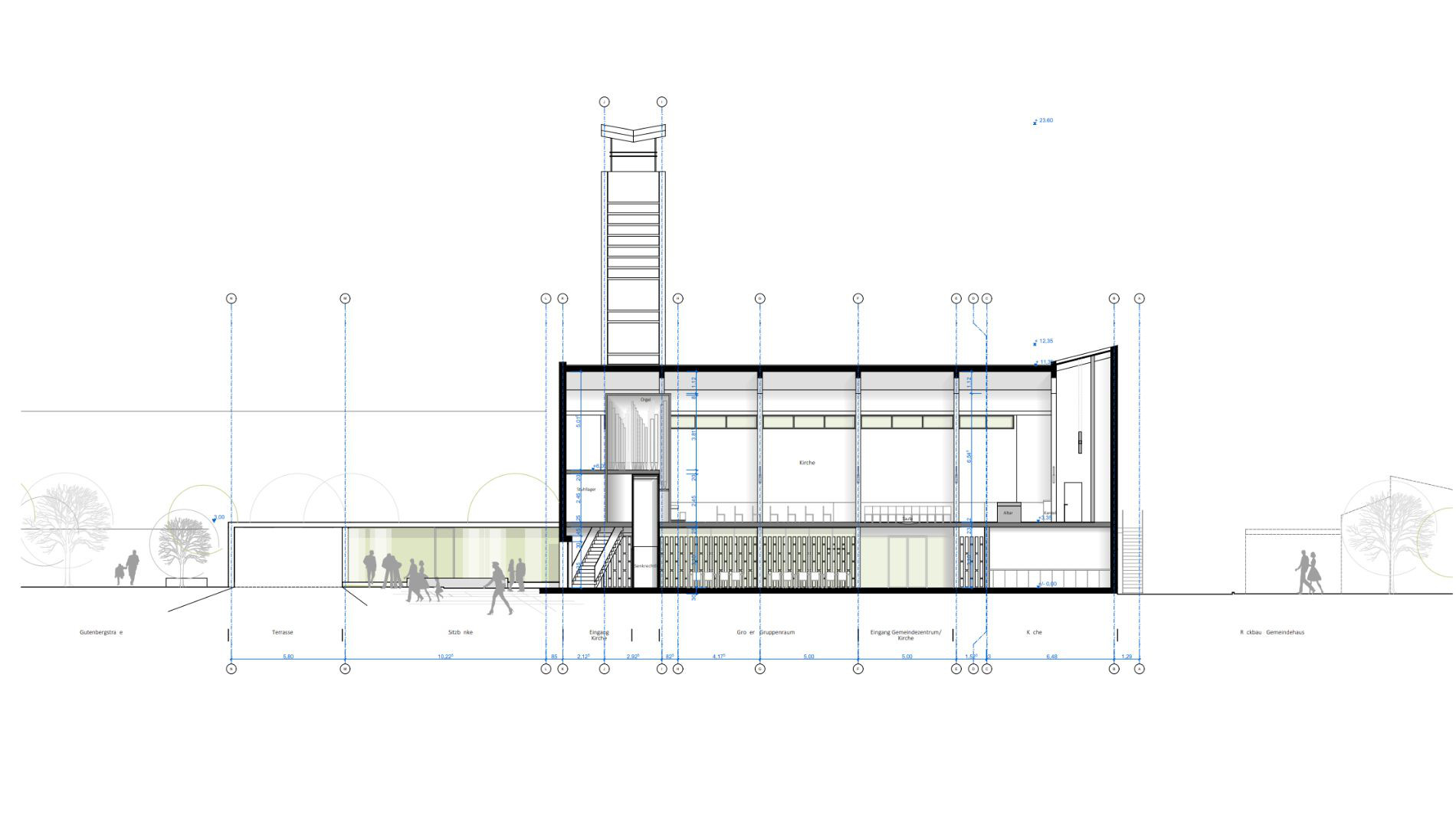 Architekturschnitt der evangelischen Luthergemeinde Rüsselsheim mit Turm, Eingangsbereich und Gemeindesaal, dargestellt im Maßstab und mit Höhenangaben.