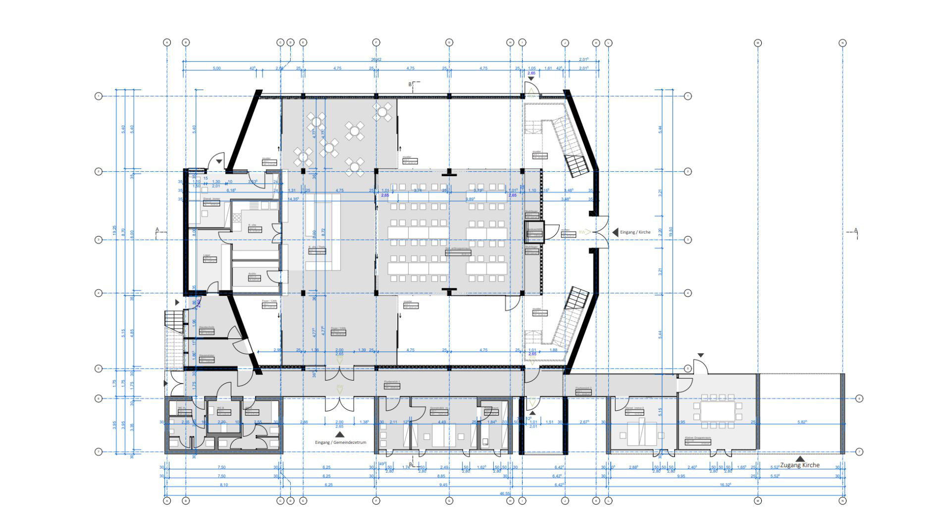 Erdgeschossgrundriss der Kirche Rüsselsheim mit Gemeinderäumen, Nebenräumen und Kirchenzugang