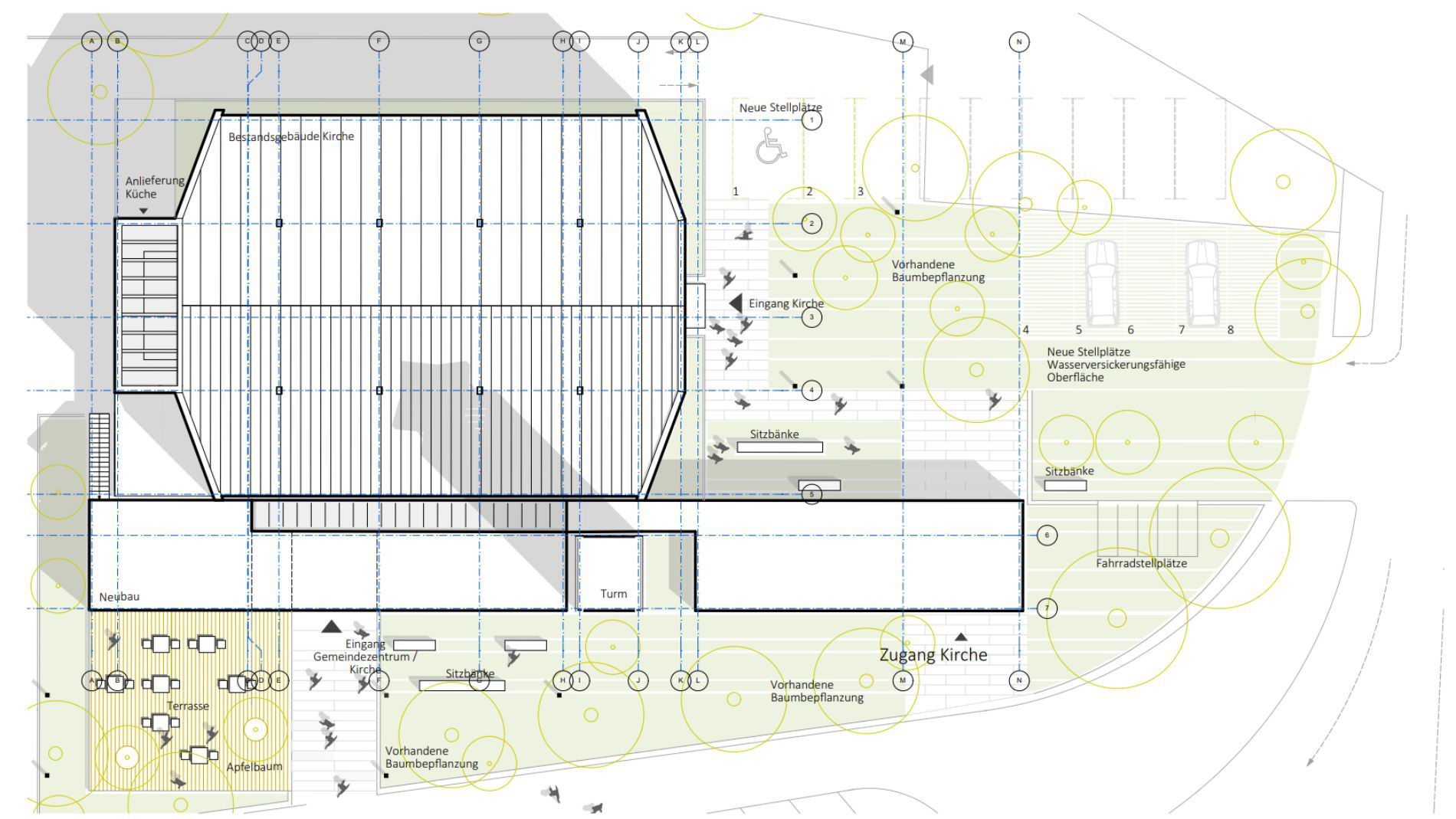 Außenanlagenplan der Kirche Rüsselsheim mit Neubau, Terrassenbereich, Sitzplätzen und barrierefreien Stellplätzen.