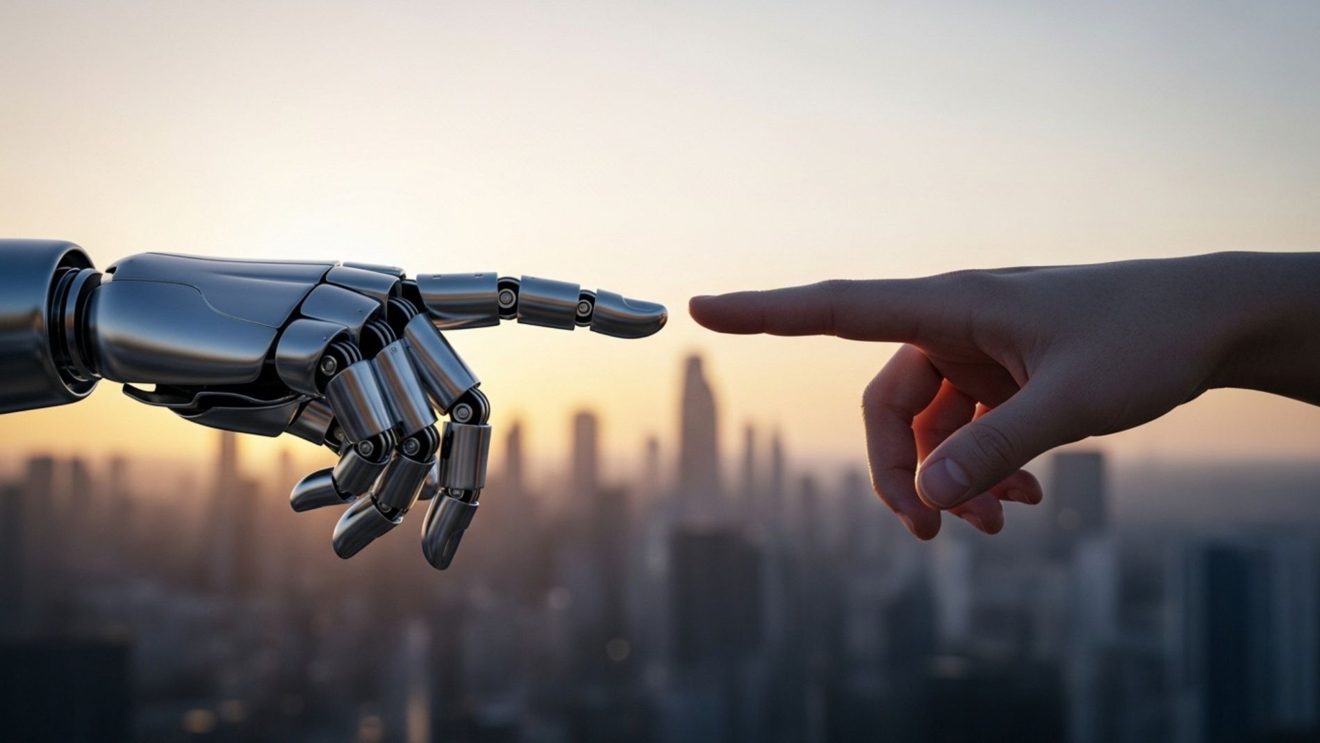Robot hand and human hand nearly touch