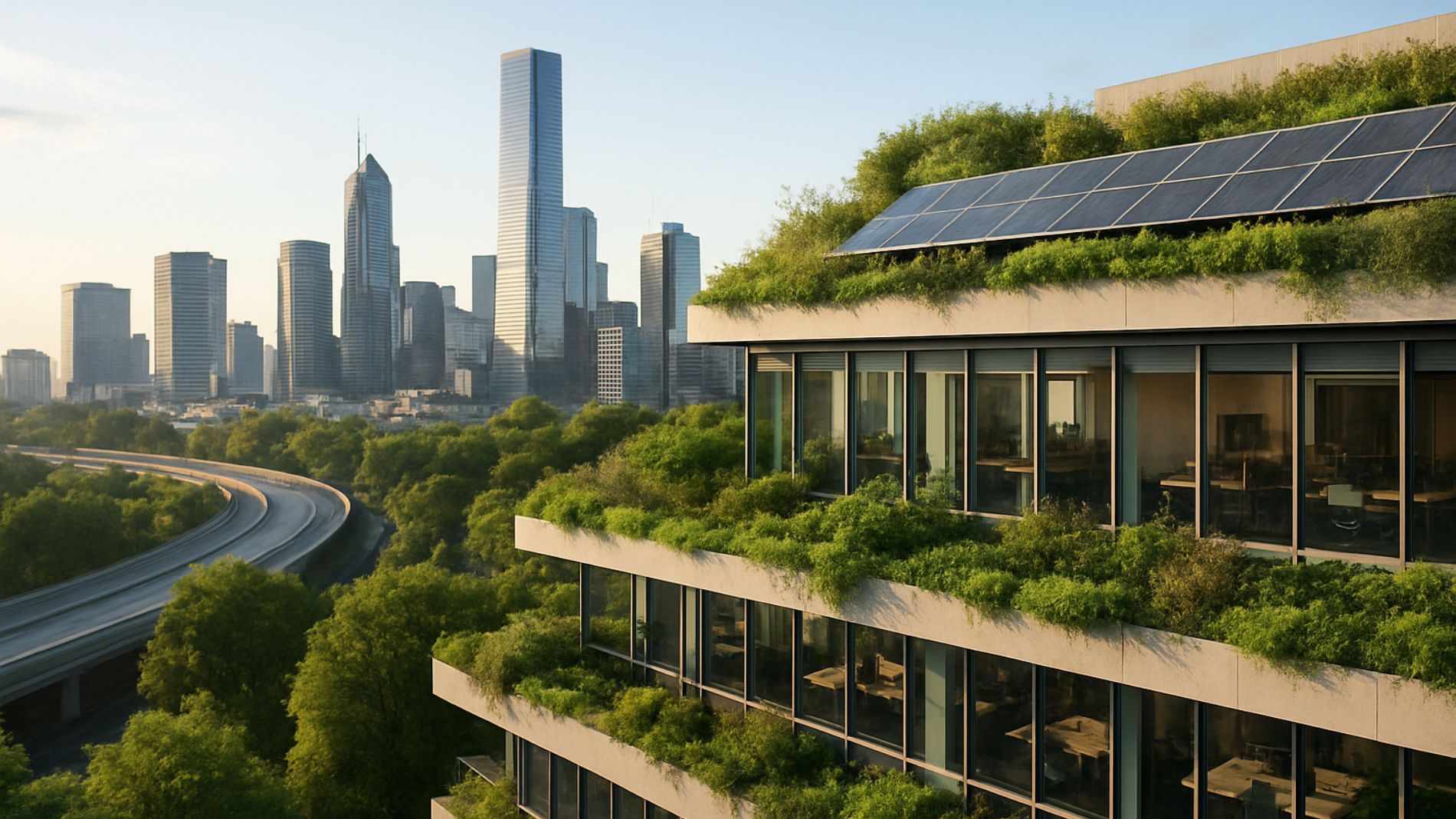 Bürogebäude mit Dachbegrünungen und Solarpanels