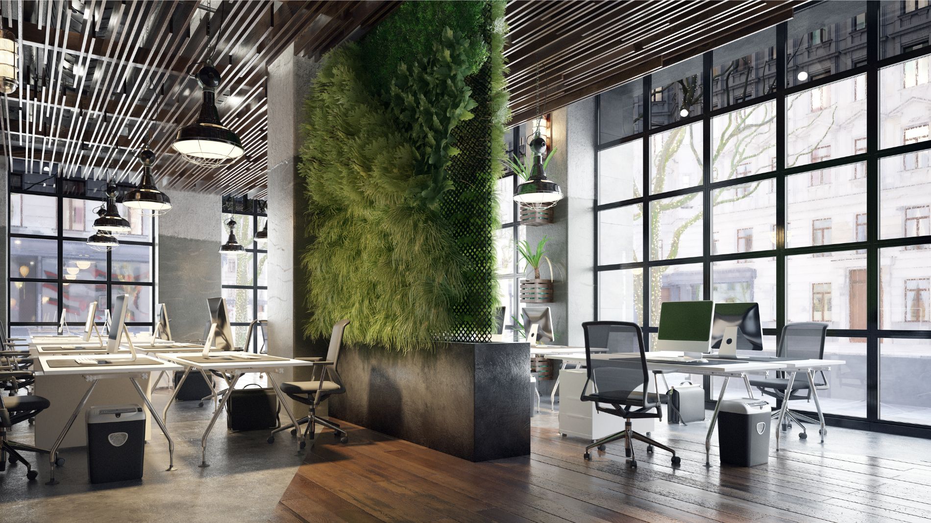 Modern office featuring a large green plant wall