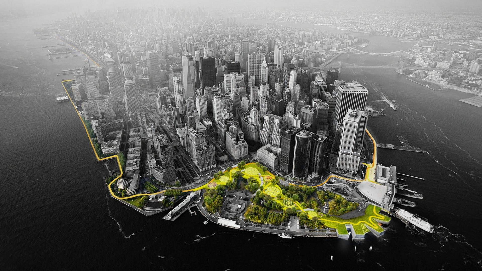 Aerial of Lower Manhattan as part of Big U proposal