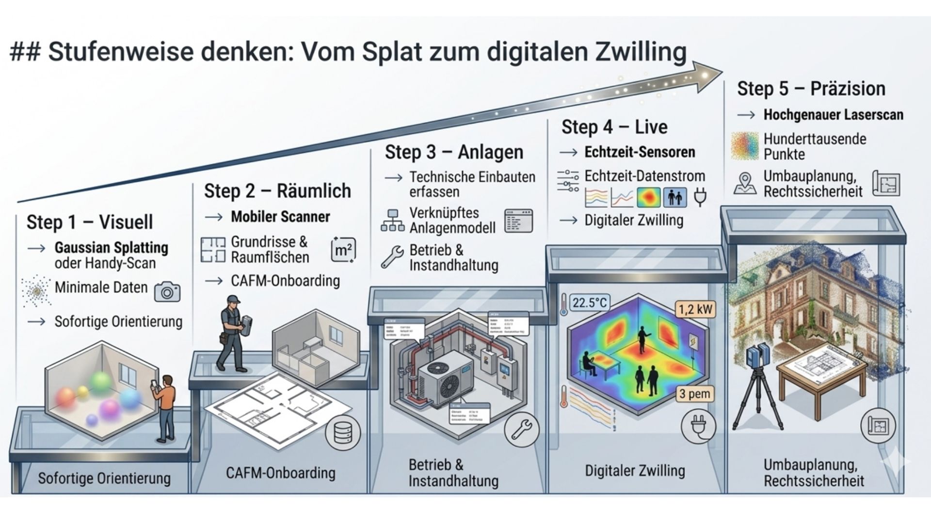 Treppengrafik der 5 Stufen des Konzeptes Scan2BIM4FM