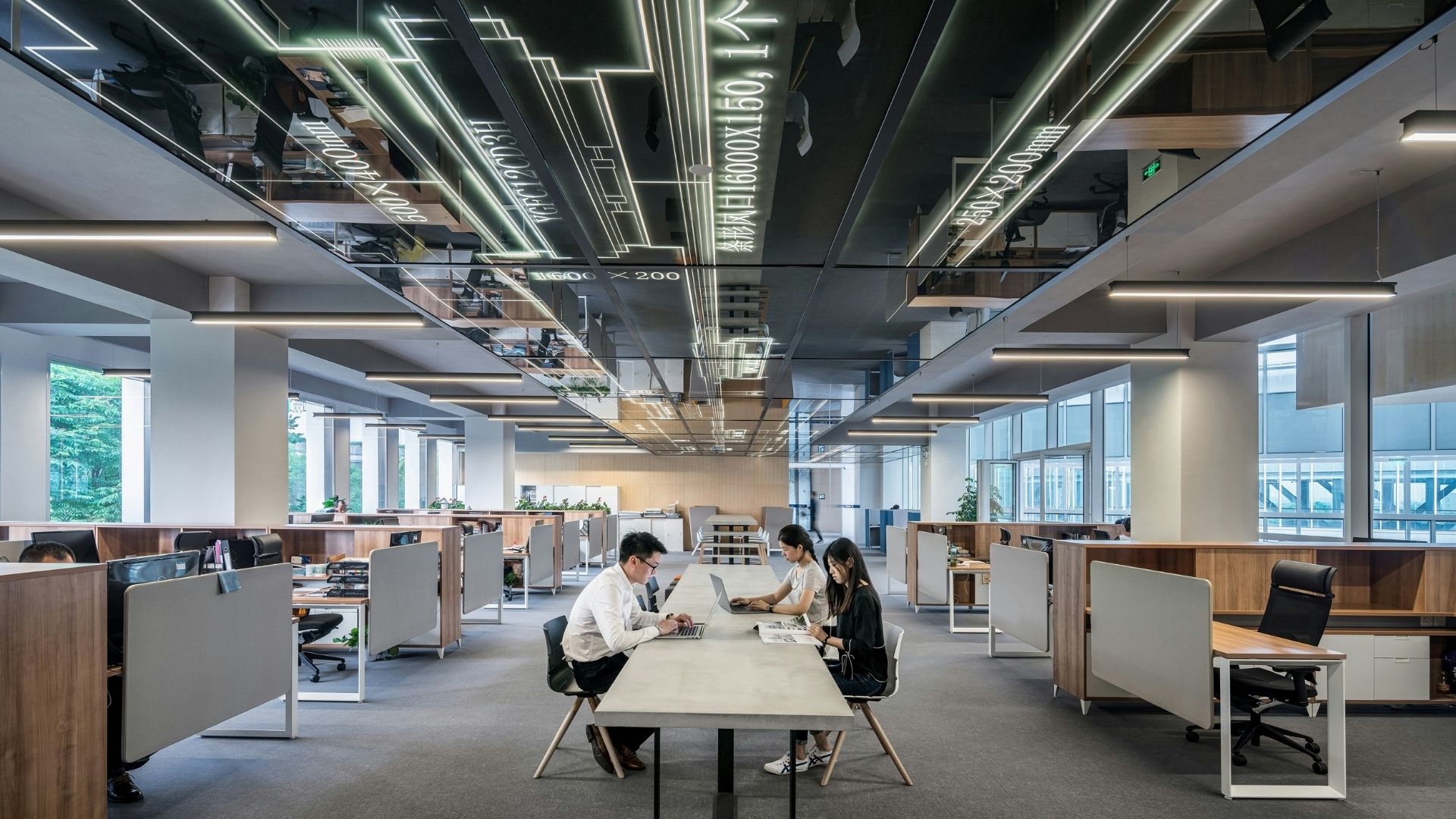 Modern open-plan office with energy-efficient LED lighting