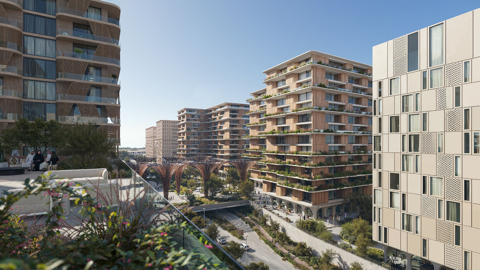 Begrüntes Stadtquartier mit moderner Wohnarchitektur in Dubai