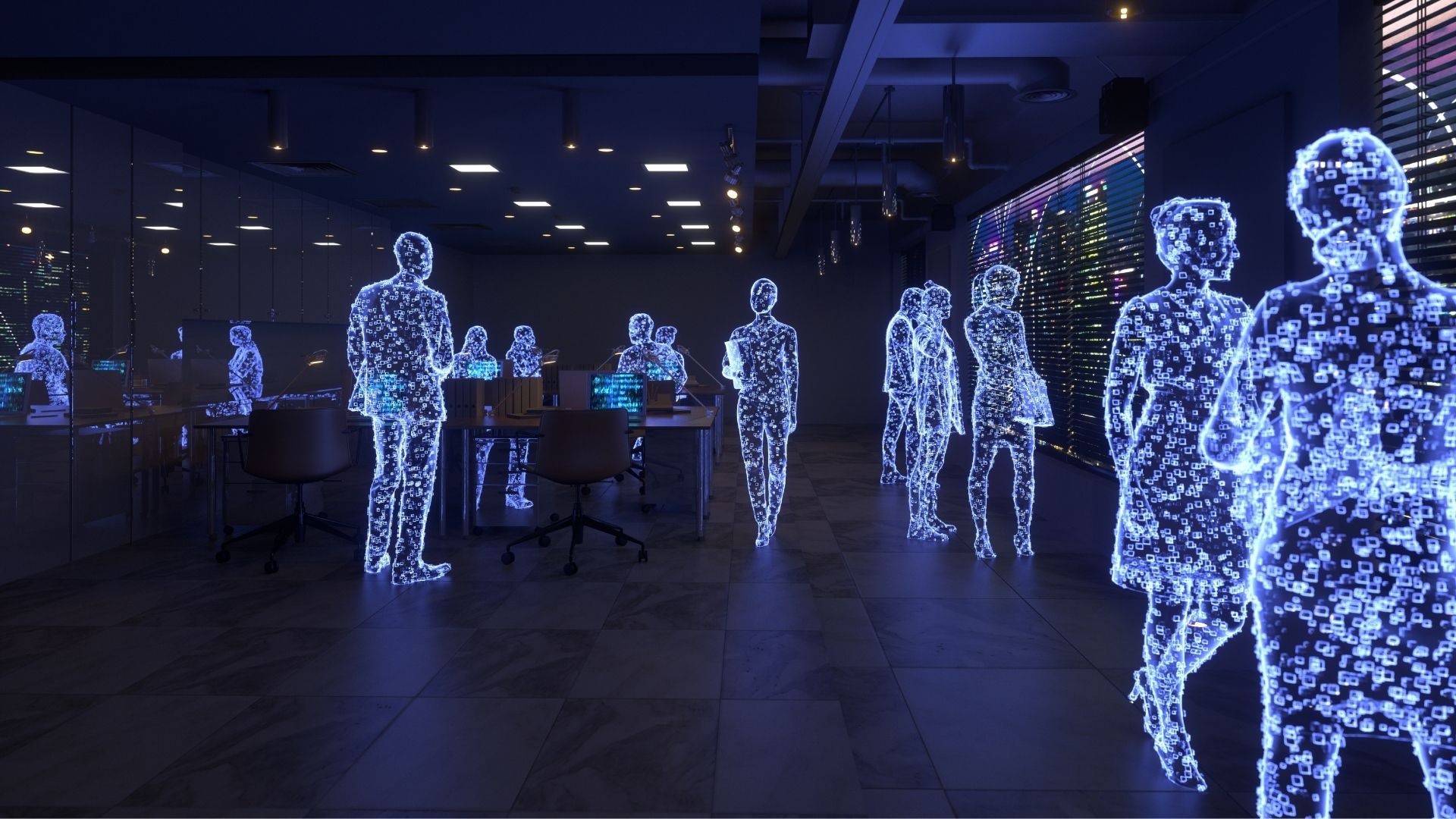 Virtuelles Networking: Leuchtende, digital dargestellte Personen bewegen sich durch einen modernen Büro- und Arbeitsbereich