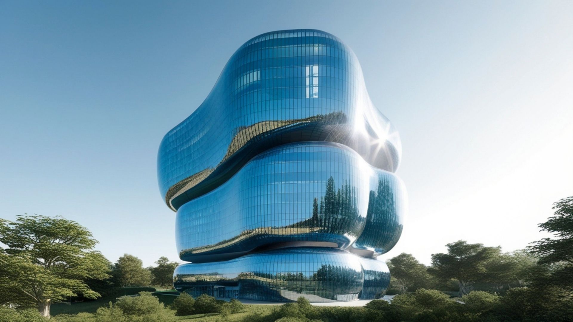 Organisch geformtes, nachhaltiges Glasgebäude mit Spiegel­fassade