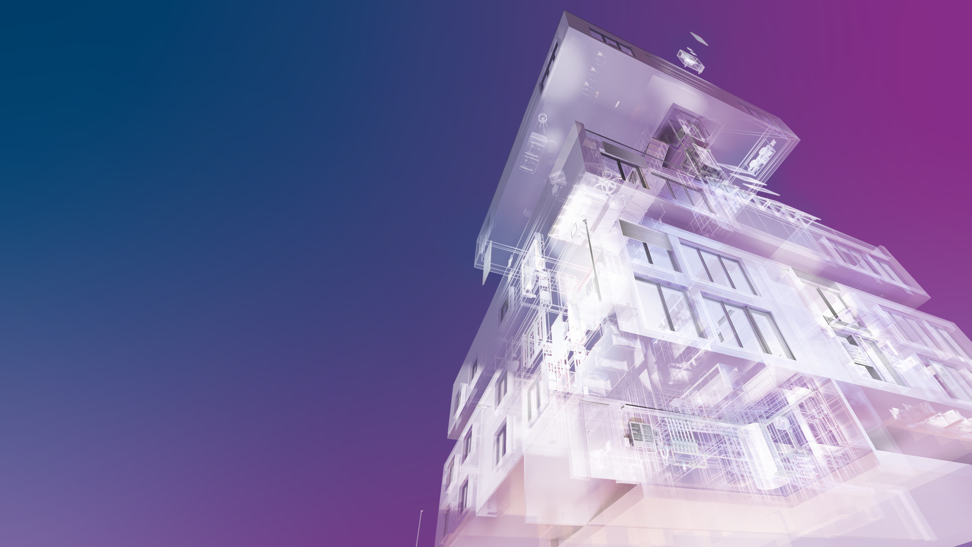Abstract building representation with luminous structures against a violet colour gradient