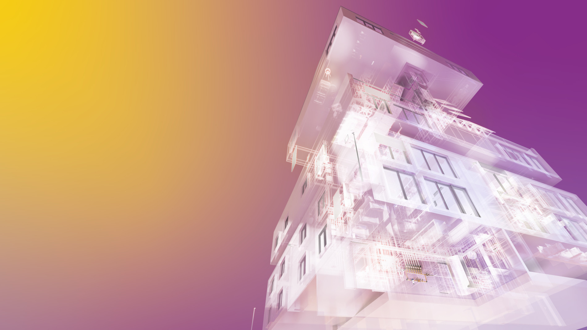 Abstract building representation with luminous structures against a yellow-violet colour gradient